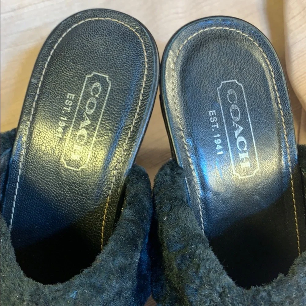 Coach leather furry heeled mules super comfortable